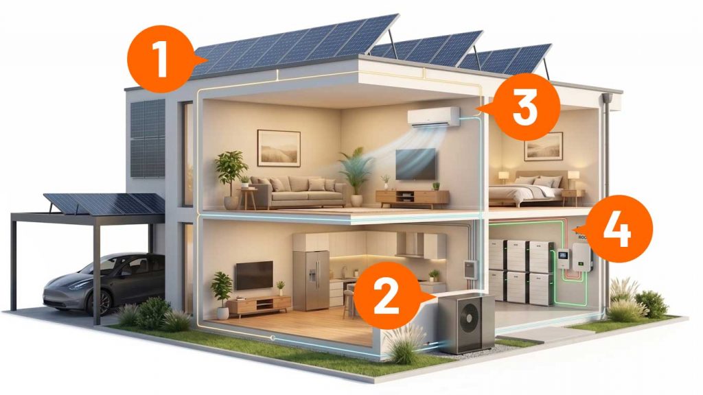 Modernes autarkes Haus im Querschnitt auf weißem Grund: Darstellung der Gewerke Solaranlage auf dem Dach, Wärmepumpe im Garten, Klimaanlage im Obergeschoss und einem separaten Energiespeicherraum.