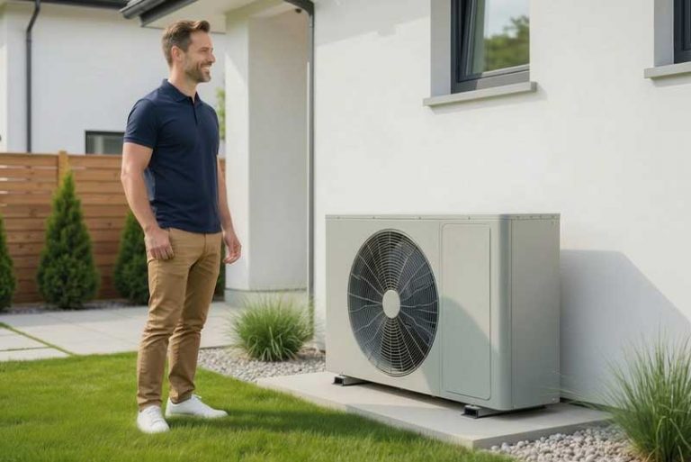 Ein zufriedener Hausbesitzer steht auf dem Rasen neben einer modernen Luft-Wasser-Wärmepumpe, die als Außeneinheit fachgerecht an einer weißen Hauswand montiert ist.