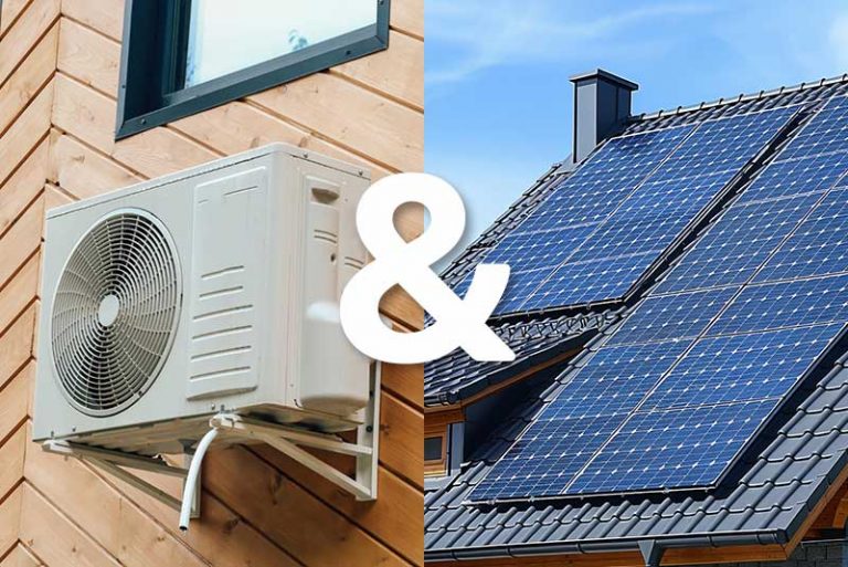 Zweigeteiltes Bild: auf der rechten Seite sieht man eine Wärmepumpe, auf der linken ein Dach mit Solarpanelen. In der Mitte ist ein &-Zeichen.